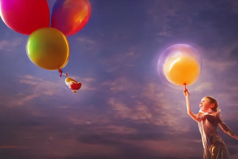 Prompt: she let the balloon float up into the air with her hopes and dreams. photo - realistic hd, hyperrealism, colourful, highly detailed, cinematic, luminescence, 3 2 k, dop, high contrast, intricate, mystery, epic, fantasy
