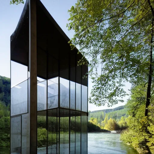 Image similar to a house by the river designed by peter zumthor