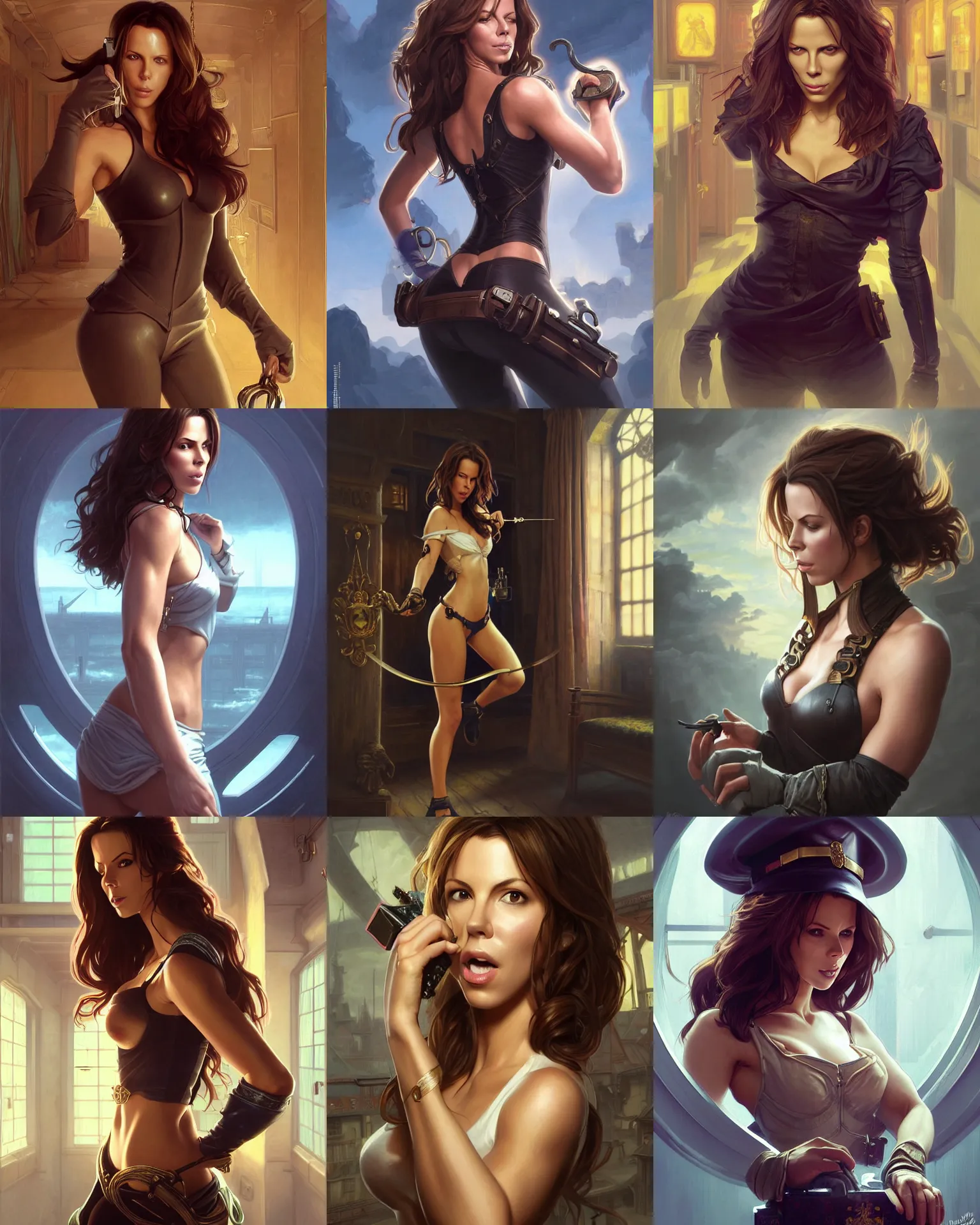 Prompt: lockpicking thief girl with face of kate beckinsale, crouch near chest pose, captain's room, galeon, vaporwave, bedroom, highly detailed, digital painting, artstation, concept art, smooth, sharp focus, illustration, art by artgerm and greg rutkowski and alphonse mucha