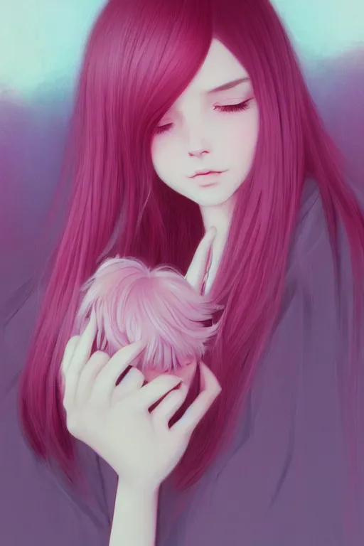 Prompt: !dream centered detailed portrait of a beautiful shy woman with medium fuschia hair and fox ears, by Ilya Kuvshinov