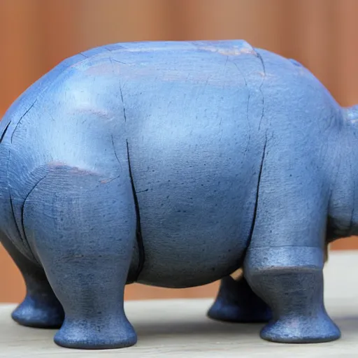 Image similar to wood block small hippo statue, wood blocks bottom hippo body, blue chrome top hippo body, by a genius craftsman, highly detailed