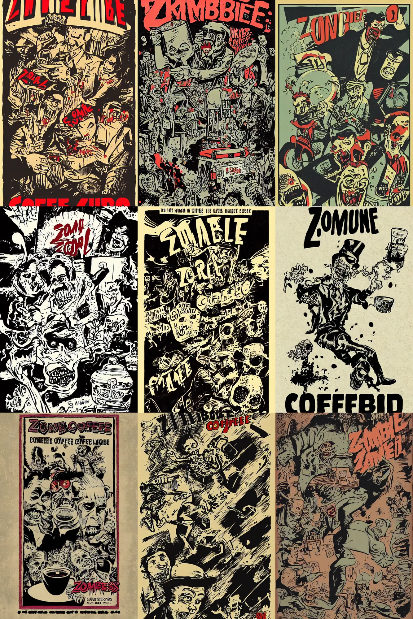 Prompt: zombie chasing coffee, by mcbess, full colour print, vintage colours 1 9 5 0 s, high detail