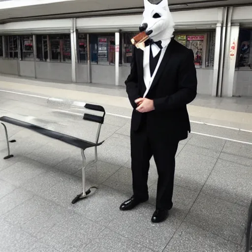 Image similar to a man in a tux wearing a white wolf mask playing the violin at a dirty metro station, unnerving, creepy, terrifying.