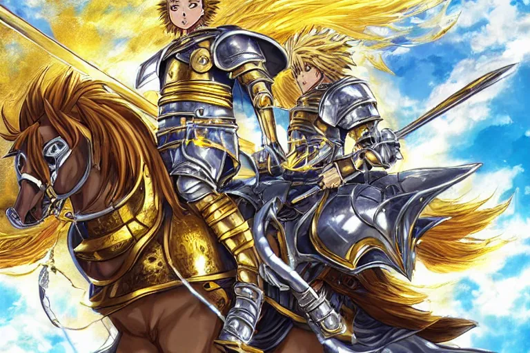 Prompt: an ultra detailed portrait of king richard the lionhearted as a paladin shonen anime protagonist charging into battle wearing bright gold armor and riding a horse blessed by god, epic anime fantasy, 8 k, volumetric lighting, smooth, highly detailed, digital illustration, art by kentaro miura and akira toriyama and artgerm