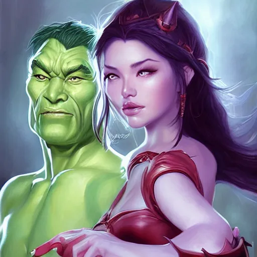 Image similar to the orc and the princess, painting by Artgerm