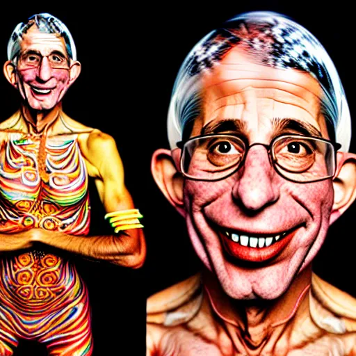 Image similar to uhd photorealisitc candid photo of anthony fauci wearing hyperdetailed slim goodbody costume. correct coostume. correct face, accurate face. photo by annie leibowitz and steve mccurry