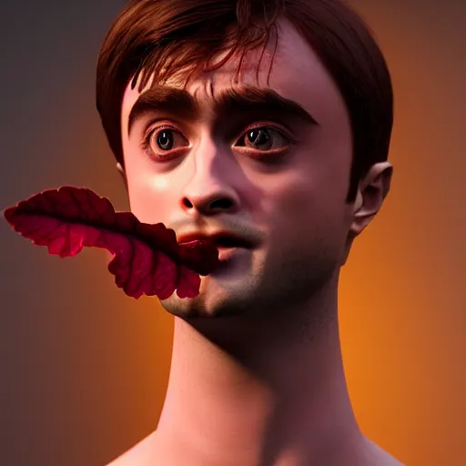 Image similar to hybrid of daniel radcliffe and a!! radish!!, film still,!! red skin!!,!! leaf ears!!, professional makeup, unreal engine 5, render, seeds, 8 k, trending on artstation