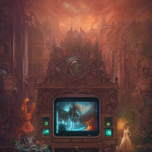 Image similar to hyperreal ultra detailed intricate victorian vintage tv by peter mohrbacher and dan mumford and nekro, cgsociety, volumetric light, 3 d render