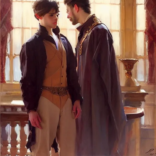 Image similar to attractive fully clothed king confesses his love for his attractive fully clothed male prince. highly detailed painting by daniel f. gerhartz, j. c. leyendecker 8 k