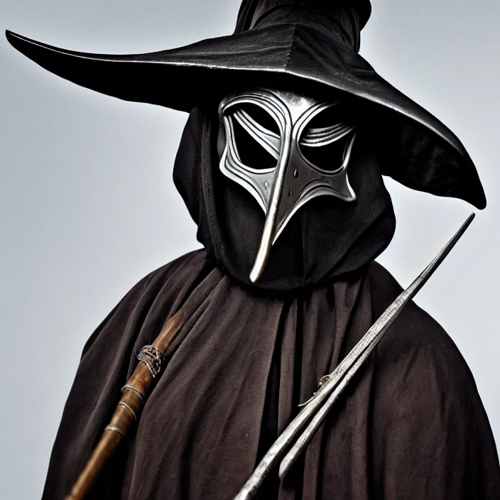 Prompt: portrait photograph of a plague doctor warrior. Extremely detailed. 8k