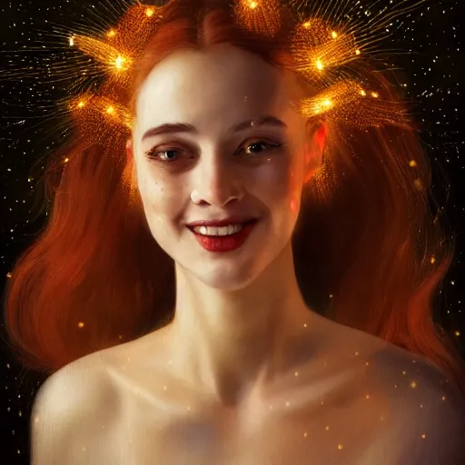 Image similar to a totally amazed smiling pretty woman surrounded by golden firefly lights in a mesmerizing scene, fully covering intricate detailed bohemian outfit, long loose red hair, precise linework, accurate green eyes, small nose with freckles, beautiful smooth oval head, expressive emotions, hyper realistic ultrafine portrait by artemisia gentileschi, jessica rossier, greg rutkowski, artgerm