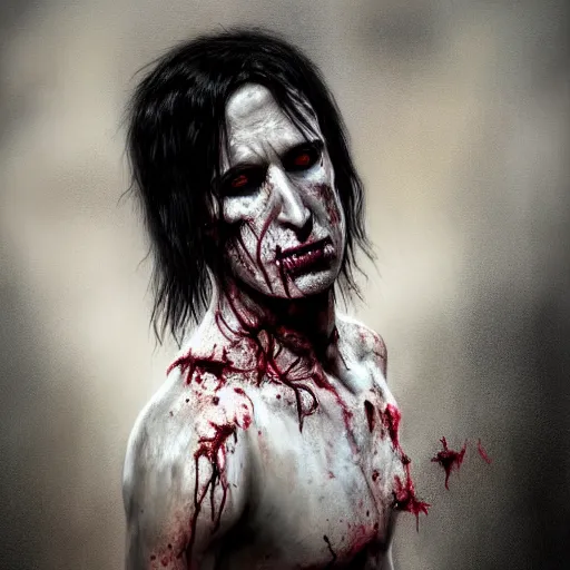 Image similar to color portrait of young and handsome zombie trent reznor from nin as a zombie with shoulder length hair, 7 days to die zombie, gritty background, fine art, award winning, intricate, elegant, sharp focus, cinematic lighting, digital painting, 8 k concept art, art by brom, art by guweiz and z. w. gu, art by michael hussar, 8 k