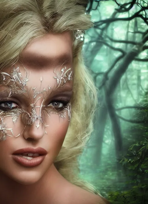 Image similar to Beautiful elsa, Looks like Britney Spears, In the woods, Dramatic, Edge, Good, Infused, Backlight, De-Noise, VFX, insanely detailed and intricate, hypermaximalist, elegant, ornate, hyper realistic, super detailed