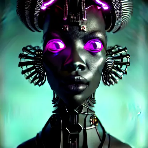 Image similar to portrait of an absurdly beautiful, graceful, sophisticated, fashionable black cyberpunk mechanoid gravure idol, hyperdetailed illustration by irakli nadar, maria borges, matt wisniewski style, intricate linework, dark black skin, neon jellyfish headdress, carved bone ruff, unreal engine 5 highly rendered, global illumination, radiant light, detailed and intricate environment