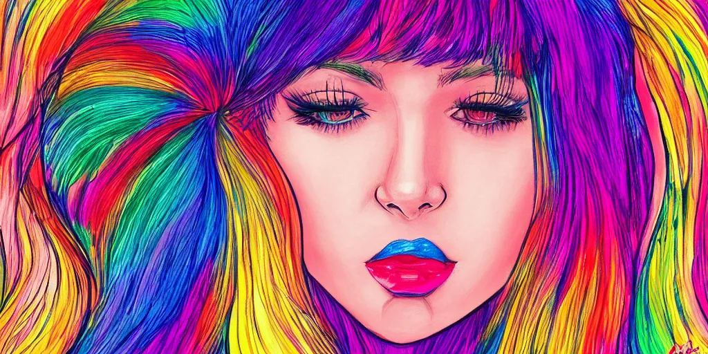 Prompt: a drawing of a girl in a colourful club really detailed in Kyliedeamore style, no nose big lips and big eyelashes digital drawing, HD, highly detailed drawing, beautiful, cinematic, 8k,facial accuracy, symmetrical