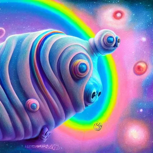 Image similar to a very real looking at tardigrade, it has rainbow hair and a beautiful unconventional face, deep space in the background, elegant, highly detailed, digital painting, artstation, realism, concept art, pop, smooth, mythological, sharp focus, qualia, illustration, art by mark ryden 3 d 8 k ultra detailed