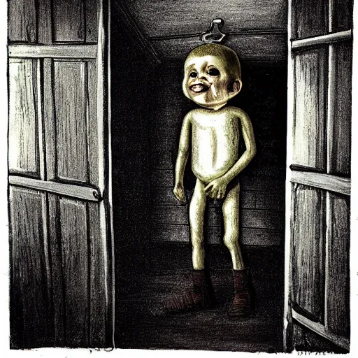 Prompt: dark attic with the man with a doll head, dark ,night, horror art