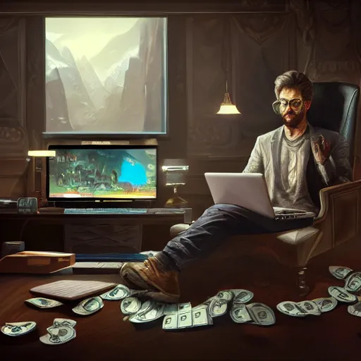 Image similar to realistic rich man using laptop in gaming room, money on floor, artstation trends, sci fi concept art, highly detailed, intricate, sharp focus, digital art, 8 k