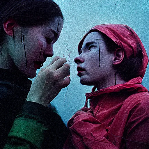 Prompt: cinestill candid photographic portrait by stanley kubrick of two female androids sobbing wearing rugged black mesh techwear in treacherous waters, flooded city, medium closeup, retrofuturism cyberpunk moody emotional cinematic, pouring iridescent rain bright spotlight helicopter, 8 k, hd, high resolution, 3 5 mm, f / 3 2, ultra realistic faces