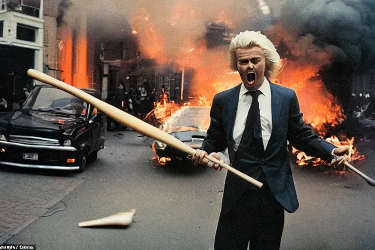 Prompt: colour photograph of geert wilders shouting and attacking and wrecking a car with bat in amsterdam, fire, smoke, atmospheric lighting, by joel meyerowitz, by saul leiter