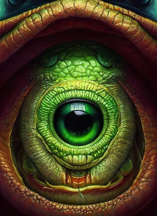 Image similar to close up sci - fi hippie poster art simon stalenhag horror reptile eyes, green skin, elegant, highly detailed, centered, digital painting, concept art, smooth, sharp focus, illustration, artgerm, tomasz alen kopera, peter mohrbacher, donato giancola, joseph christian leyendecker, wlop, frank frazetta