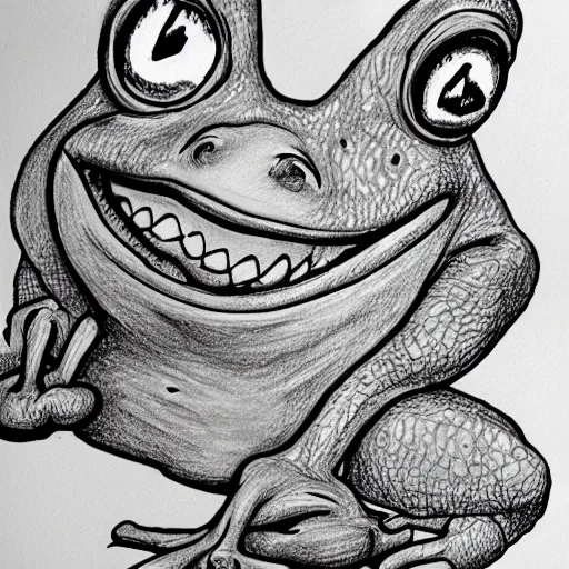 Prompt: a very detailed drawing of a toad with arms coming out of its mouth holding an egg