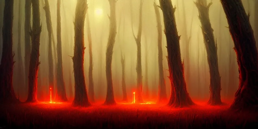 Image similar to strange alien forest, glowing fungus, misty, red glowing horizon, fireflies, ultra high definition, ultra detailed, symmetry, sci - fi, dark fantasy, by greg rutkowski and ross tran
