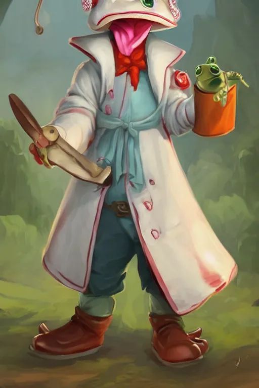 Prompt: cute anthropomorphic frog wearing a white butcher coat with a white butcher hat and holding a cleaver, cutting a wipe red watermelon, tiny, small, miniature frog, baby animal, short, pale blue armor, cute and adorable, pretty, beautiful, DnD character art portrait, matte fantasy painting, cgsociety Artstation, by Jason Felix by Steve Argyle by Tyler Jacobson by Peter Mohrbacher, cinematic lighting