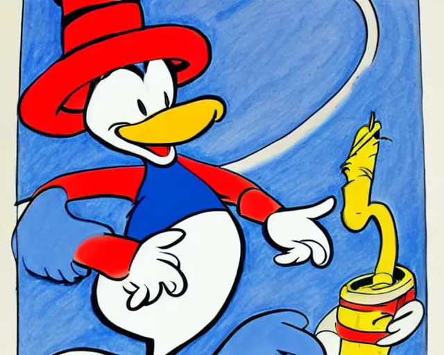 Prompt: A Dr. Seuss style drawing of Donald Duck