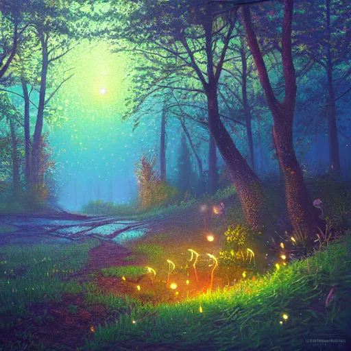 Image similar to fireflies in a forest inspired by Evgeny Lushpin,cottage,sunset,spring,cinematic,trending on ArtStation