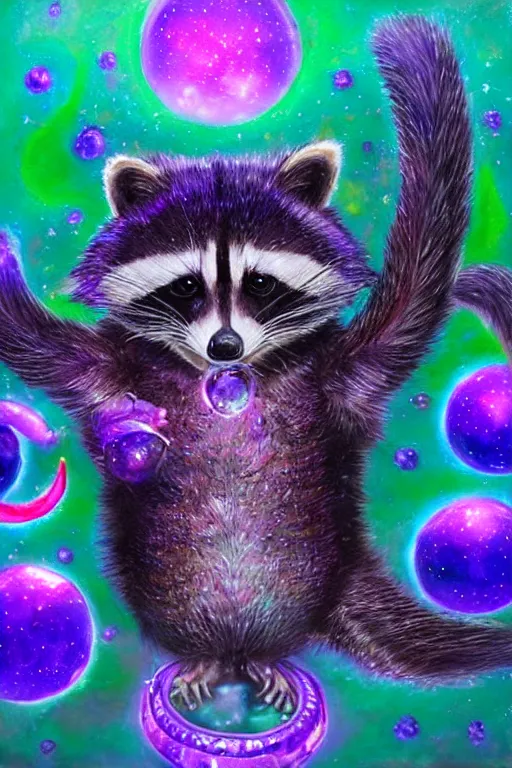 Prompt: purple stelar raccoon, fantasy tea dark and colorful, bright sparkling lights realistic night sky, stars, moon, bright crystal lanterns 3d, depth details In the art style of Victor Nizovtsev