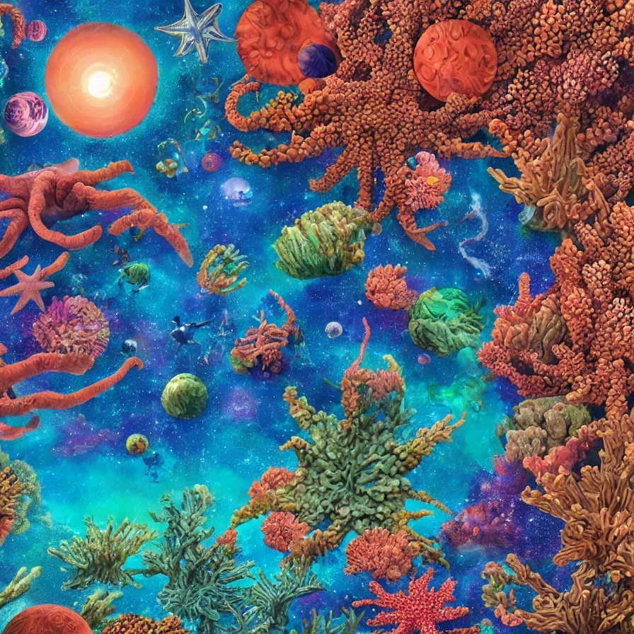 Image similar to album art of an alien planet made out of different coloured corals, with big starfish, creatures, omni magazine, detailed