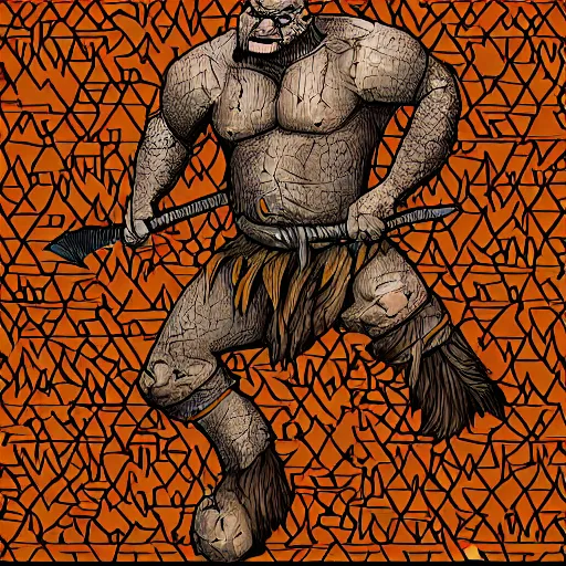 Image similar to illustration of a orc in a maze wielding an axe, full body view, line art, illustrated, simple colors, detailed textures