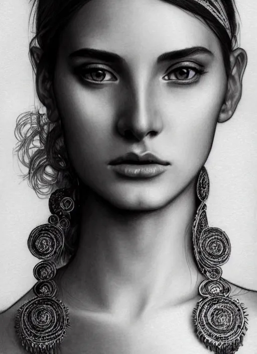 Prompt: a pencil drawing portrait of model stella trapsh, beautiful face, in a dress, jewelry, greek, intricate, headshot, highly detailed, drawn with pencil, black and white, artstation, concept art, sharp focus, cinematic lighting, illustration, art by artgerm and greg rutkowski, alphonse mucha, cgsociety