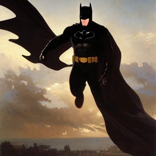 Image similar to Painting of Ben Affleck's Batman. Art by William Adolphe Bouguereau. During golden hour. Extremely detailed. Beautiful. 4K. Award-winning.
