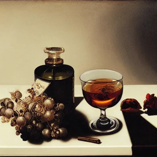 Prompt: still life with cocaine, marihuana and whiskey, airbrush, by masato saito, by caravaggio, high detail, 4 k