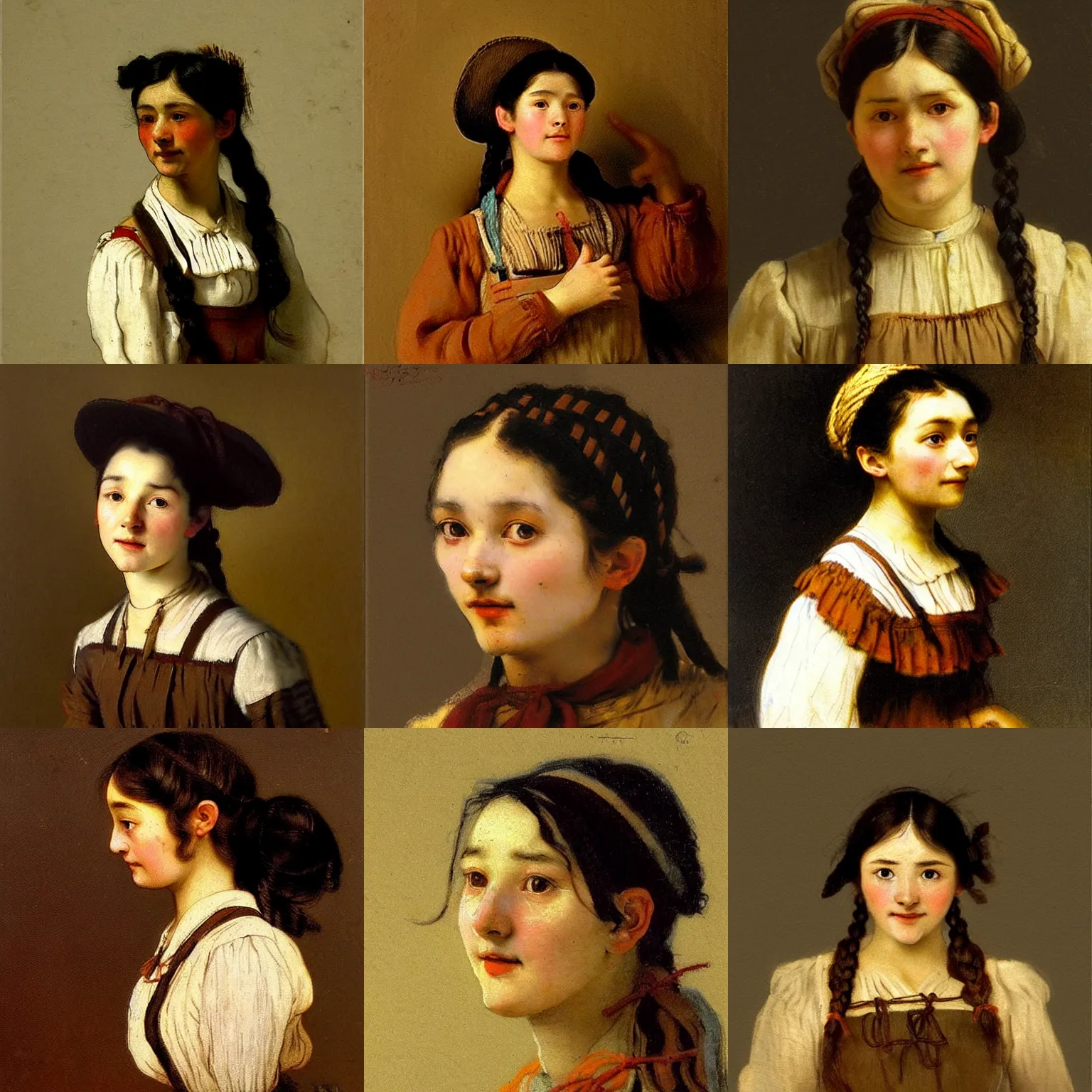Prompt: a playful black haired, young hungarian peasant woman from the 19th century who looks similar to Lee Young Ae with a hair braid, detailed, brown tones, concept art by Ferenczy Károly, Paul Brason, Rembrandt and Thorma János
