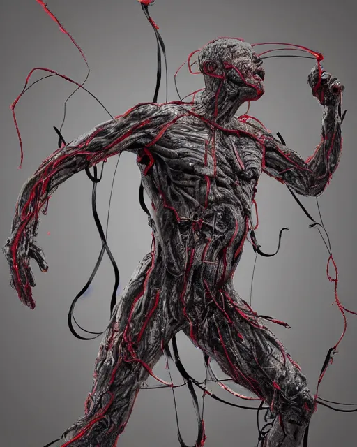 Prompt: a soldier writhing in pain with bloody wires bursting out of their right arm in the style of david cronenberg trending on artstation deviantart pinterest hyper detailed photorealistic highlights and shadow hd 8 k post - processing high resolution