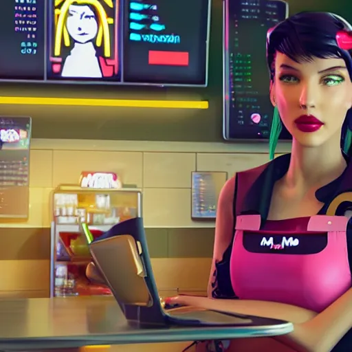 Image similar to a cute cyberpunk girl working in a mcdonaldpunk fastfood restaurant