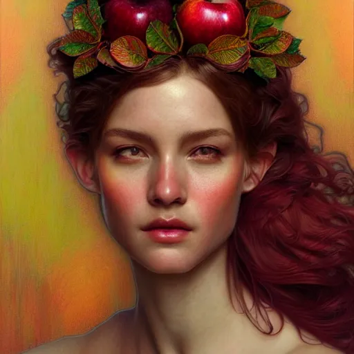 Prompt: portrait made of apples and fruit, fantasy, intricate, elegant, highly detailed, lifelike, photorealistic, digital painting, artstation, illustration, smooth, sharp focus, art by scott davidson, albert aublet, krenz cushart, artem demura, mucha