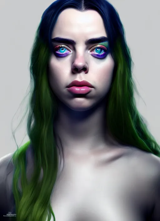 Image similar to Billie Eilish as Female Loki, beautiful facial symmetry, olive skin color, hyper realistic, hyper detail, very detailed, digital art, trending on artstation, smooth render, 8k octane render,