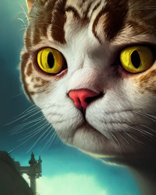 Image similar to highly detailed surreal vfx portrait of a sacred scottish fold cat, stephen bliss, unreal engine, greg rutkowski, loish, rhads, beeple, makoto shinkai and lois van baarle, ilya kuvshinov, rossdraws, tom bagshaw, alphonse mucha, global illumination, detailed and intricate environment