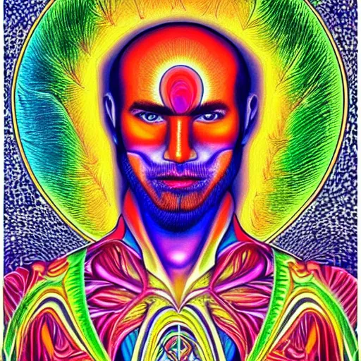 Prompt: a portrait of a beautiful man the style of Alex Grey, colorful,