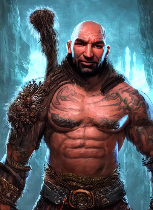 Image similar to A fantasy comic book style portrait painting of Dave Bautista as a druid in a stunning fantasy fortress, unreal 5, DAZ, hyperrealistic, octane render, RPG portrait, dynamic lighting