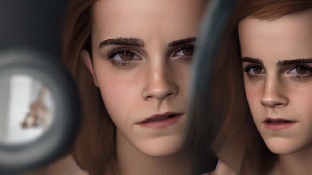 Image similar to a photorealistic dramatic emma watson looking into a broken mirror, ultra realistic details, glossy surface, global illumination, shadows, dark background, octane render, 8 k