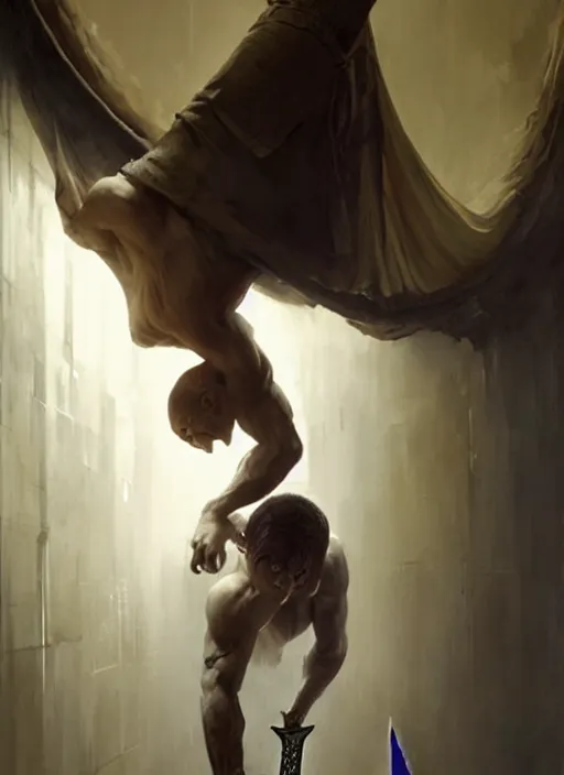 Image similar to a young man with wide, intense eyes, standing upside down on the ceiling of a hallway. he is bald and clean shaven, dressed entirely in white and holding a huge sword. painting by greg rutkowski and raymond swanland