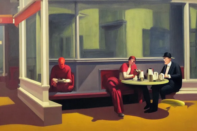 Image similar to hideous terrifying ghastly foul cronenberg monsters relaxing at a cafe. ( a waiter is pouring coffee. one monster is reading a newspaper. painting by edward hopper, 3 d rendering by beeple, 8 k, comfy wretched mutants )