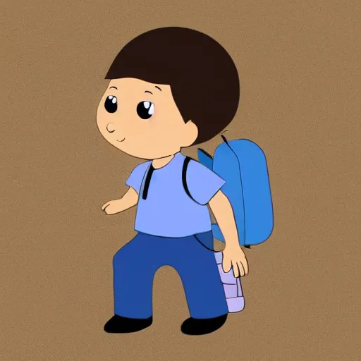 Prompt: kid character. egg shaped head. wide eyes. narrow nose. brown short hair. light skin. frackles.small ears. blue shirt with pocket. brown pants. carrying school bag.