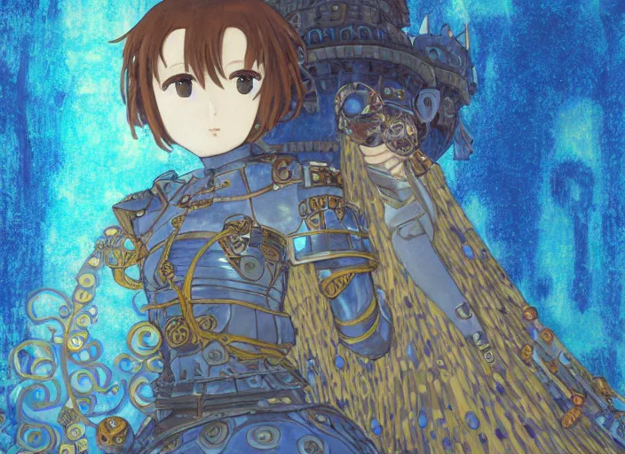 Prompt: female knight guarding a castle, Kyoto animation,last exile, blue submarine no. 6, gustav klimt,loish, murata range, kawaii, yoshitaka amano, studio lighting, manga, bright colors, beautiful,35mm lens, vibrant high contrast, mucha, gradation, jean giraud, fantasy, rule of thirds, fibonacci, intricate
