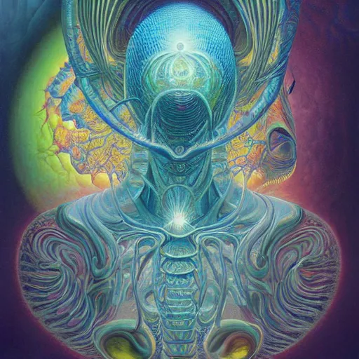 Image similar to Complex alien fractal structure, by alex grey, by Esao Andrews and Karol Bak and Zdzislaw Beksinski and Zdzisław Beksiński, trending on ArtStation